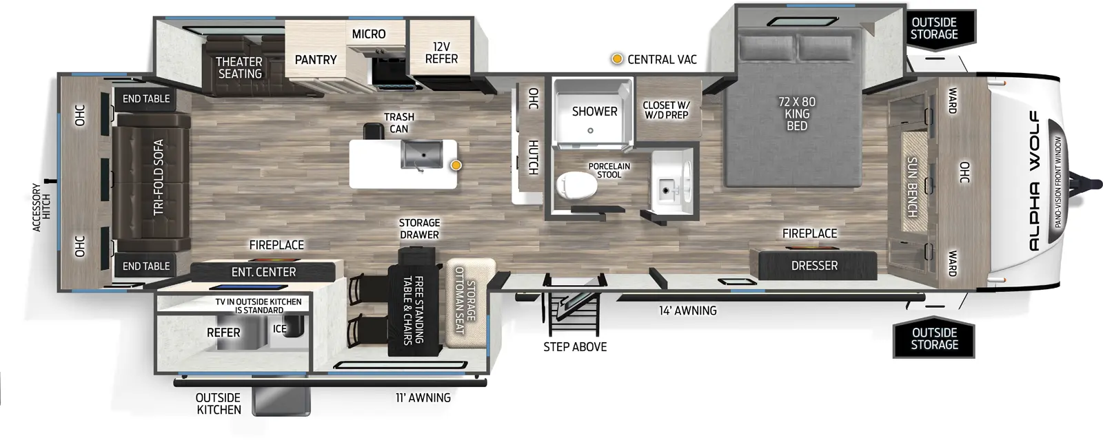 The 33Rl has three slideouts and one entry. Exterior features outside storage, 11' and 14' awnings, solid step entry, outside kitchen with refrigerator and ice maker, and rear accessory hitch. Interior layout front to back: front sun bench with overhead cabinet, wardrobes on each side, off-door side king bed slideout, and wardrobe with washer/dryer prep, and door side dresser; off-door side full bathroom with medicine cabinet; entry door; kitchen counter with overhead cabinet, microwave, and hutch along inner wall; off-door side slideout with 12V refrigerator, kitchen counter with cooktop, overhead cabinet, pantry, and theater seating; door-side slideout with free-standing table with storage drawer and chairs and storage ottoman seat, and an entertainment center with fireplace below; kitchen island with sink, central vacuum, and trash can; rear tri-fold sofa with overhead cabinet and panovision window.
